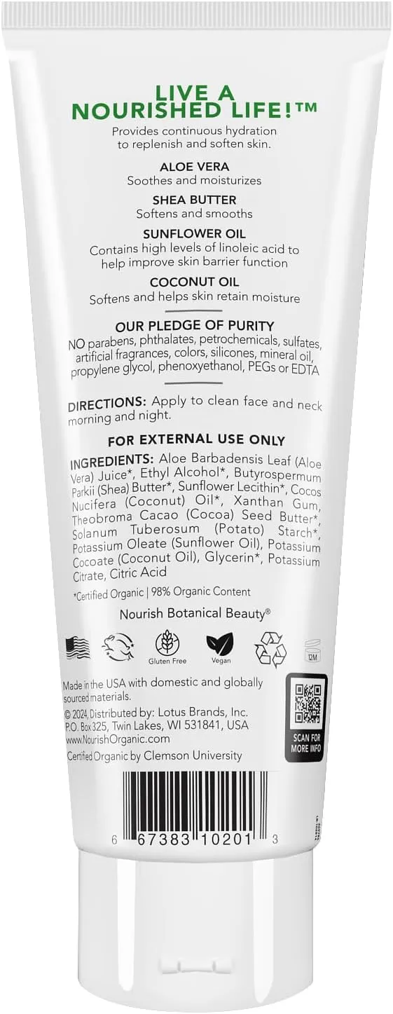 Nourish Organic Body Lotion, Unscented – Hydrating Body Lotion for Dry Skin with Certified Organic Aloe Vera, Shea Butter, Coconut Oil & Cocoa Butter   Washable Cotton Round (2 Piece Set)
