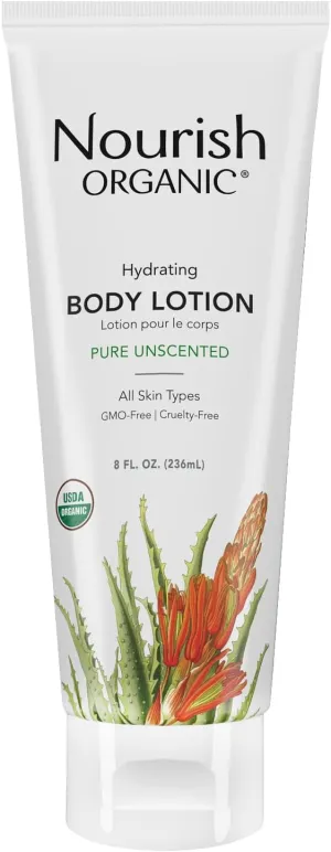 Nourish Organic Body Lotion, Unscented – Hydrating Body Lotion for Dry Skin with Certified Organic Aloe Vera, Shea Butter, Coconut Oil & Cocoa Butter   Washable Cotton Round (2 Piece Set)