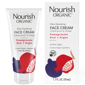 Nourish Organic Face Cream, Pomegranate Acai   Argan – Ultra Hydrating Formula with Aloe Vera & Green Tea Extract, 1.7 Oz   Washable Cotton Round