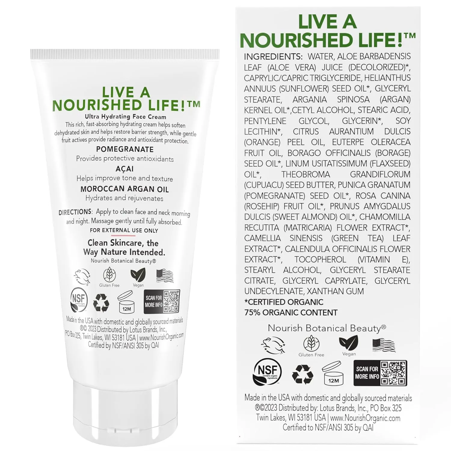 Nourish Organic Face Cream, Pomegranate Acai   Argan – Ultra Hydrating Formula with Aloe Vera & Green Tea Extract, 1.7 Oz   Washable Cotton Round