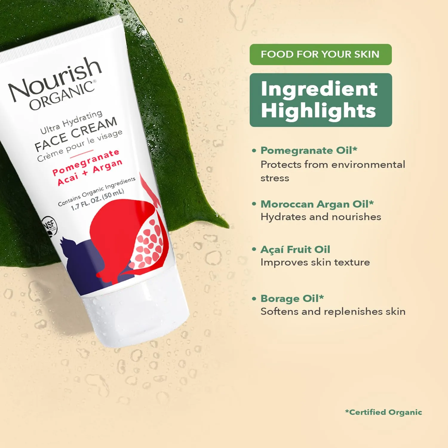 Nourish Organic Face Cream, Pomegranate Acai   Argan – Ultra Hydrating Formula with Aloe Vera & Green Tea Extract, 1.7 Oz   Washable Cotton Round