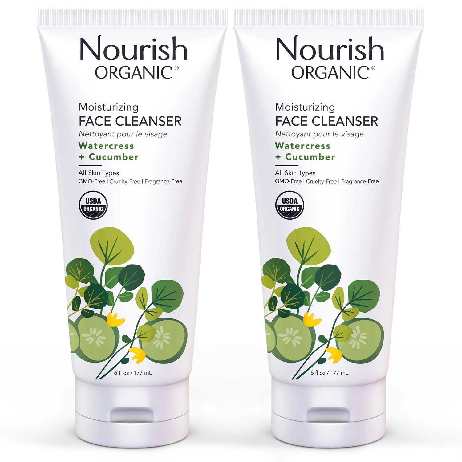 Nourish Organic Moisturizing Face Cleanser for All Skin Types, Watercress   Cucumber Face Wash, Fragrance-Free, 6 Oz (Pack of 2)