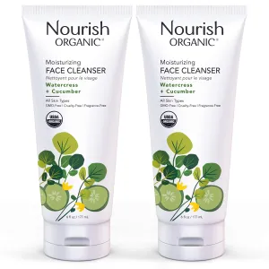 Nourish Organic Moisturizing Face Cleanser for All Skin Types, Watercress   Cucumber Face Wash, Fragrance-Free, 6 Oz (Pack of 2)