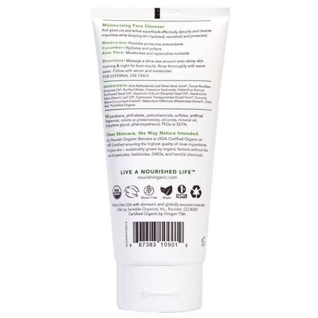 Nourish Organic Moisturizing Face Cleanser for All Skin Types, Watercress   Cucumber Face Wash, Fragrance-Free (6 Oz)   Washable Cotton Round
