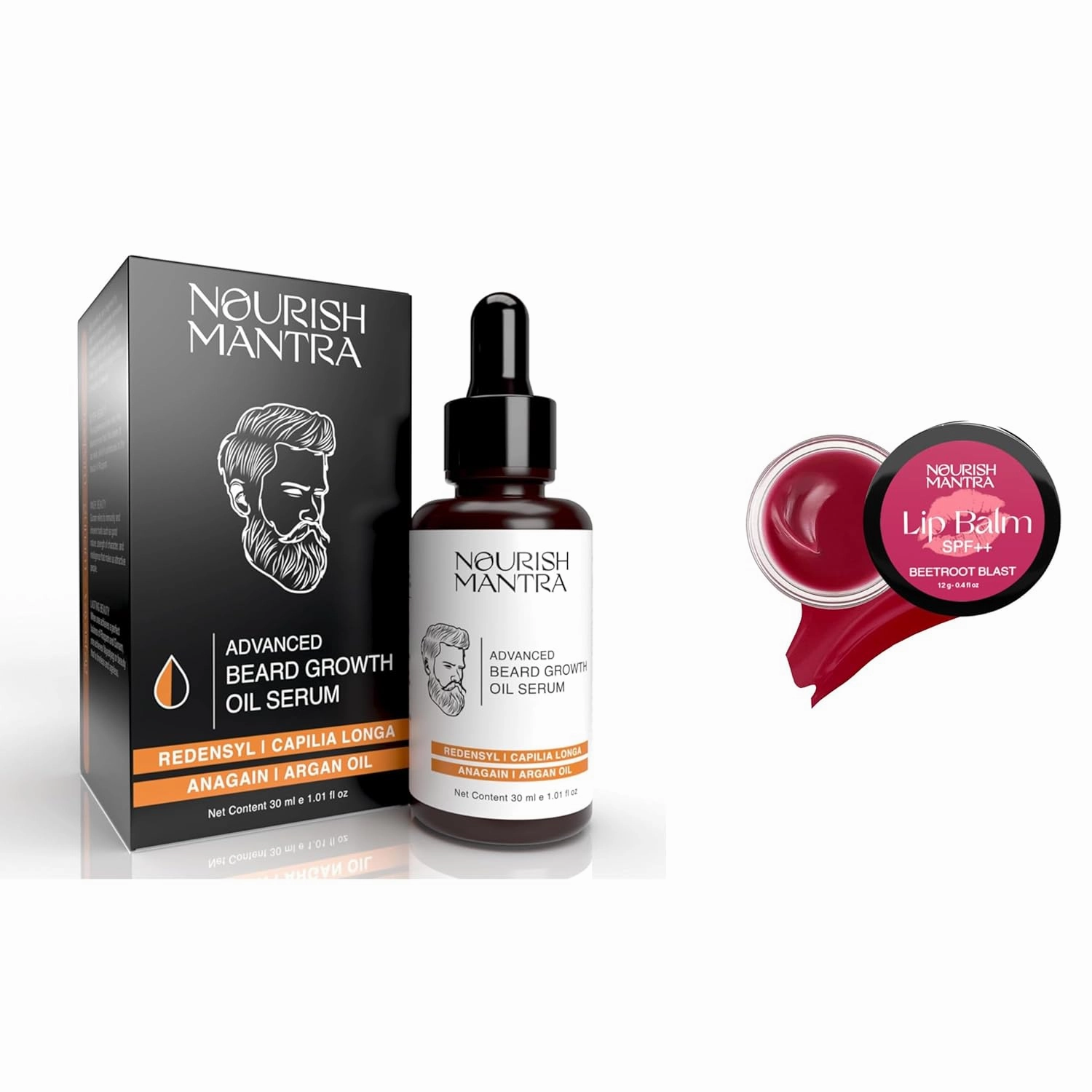 NOURISH MANTRA - Advanced Beard Growth Oil Serum 30 ml and Beetroot Lip Balm 12g