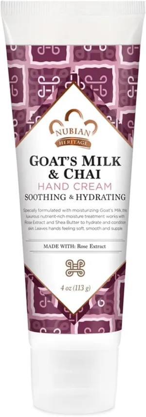 Nubian Heritage Hand Cream, Goat’s Milk & Chai – Soothing & Hydrating Shea Butter Lotion with Aloe Vera, Vitamin E & Rose Extract, 4 Oz