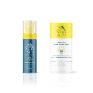 Oars   Alps Face and Scalp Mist SPF 35 Sunscreen   Go Stick Clear SPF 35 Face Sunscreen Set, Protects from Blue Light, Summer Splash Scent, Water and Sweat Resistant, 2 Piece Bundle