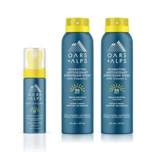 Oars   Alps Face and Scalp Mist SPF 35 Sunscreen   Hydrating SPF 50 Sunscreen Spray 2-Pack Set, Water and Sweat Resistant, Infused with Vitamin C and Antioxidants, 3 Piece Bundle