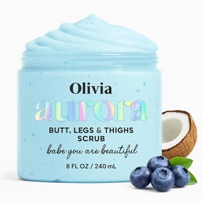 Olivia Aurora Butt & Thigh Scrub – Smooth & Hydrating Exfoliant for Legs and Glutes – Prevents Ingrown Hairs, Razor Bumps & Dark Spots – No Sugar, Vegan – 8 oz