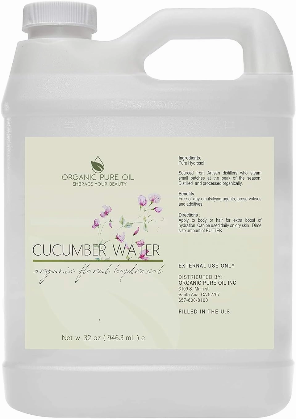 OPO Cucumber Hydrosol Spray 32 oz & Sprayer Pure Steam Distilled Vegan Toner Spritz Cleanser Water Calming Toning Aromatherapy Body Mist Linens Makeup Gentle Hydrosol Water - Packaging May Vary