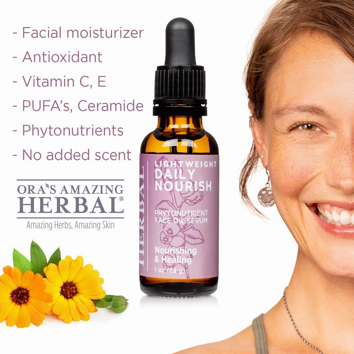 Ora's Amazing Herbal Lightweight Daily Nourish, Organic Calendula, Thyme, Plantain, Rosehip, Meadowfoam. Unscented Face Oil, Plant Based Fragrance Free Face Oil Serum, 1 oz