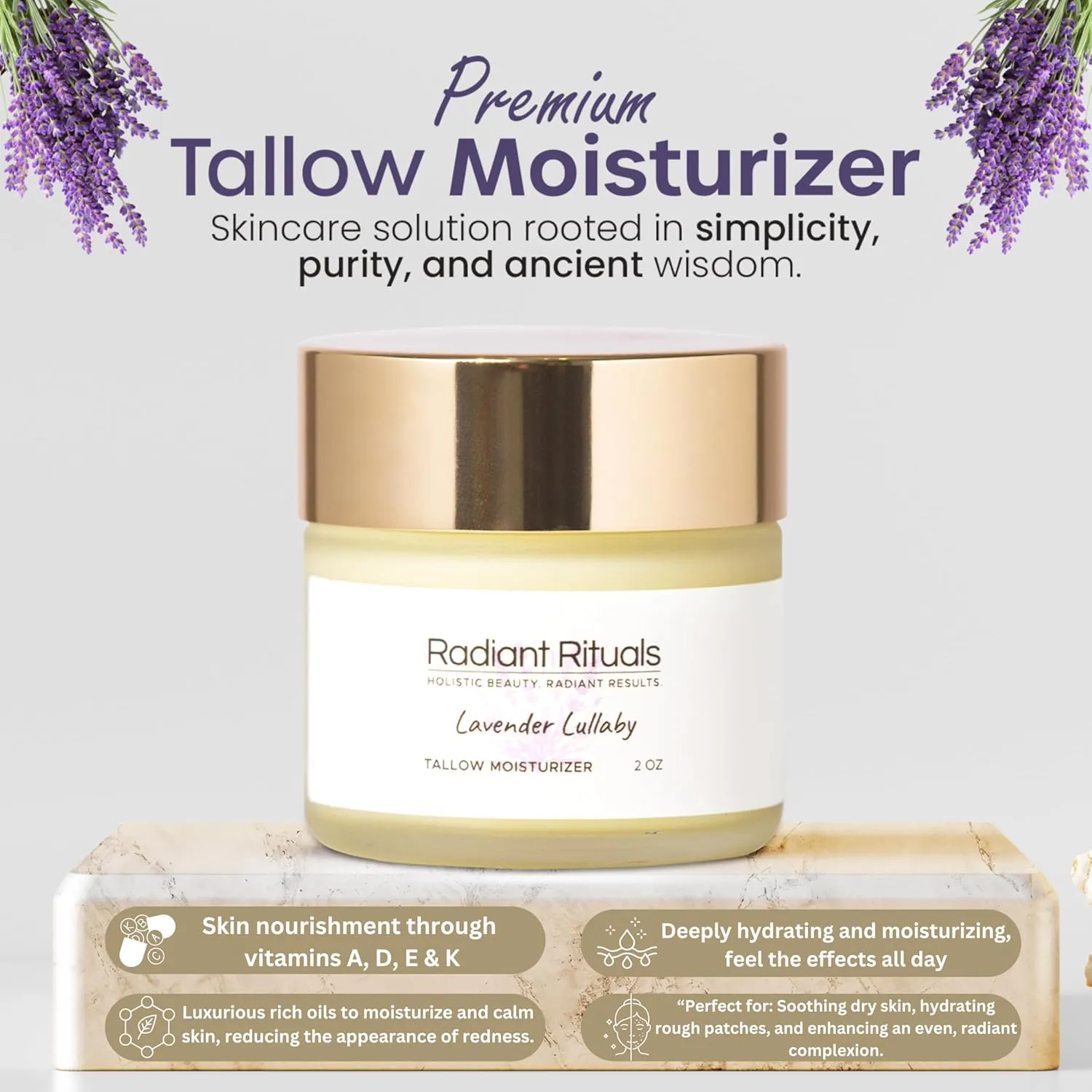 Organic Grass-Fed Beef Tallow Balm w/ Raw Honey, Beeswax, Coconut Oil, Shea Butter, Jojoba Oil - Moisturizer Cream for Face - Non Toxic Skincare for Sensitive Dry Skin, Hydration - (Lavender)