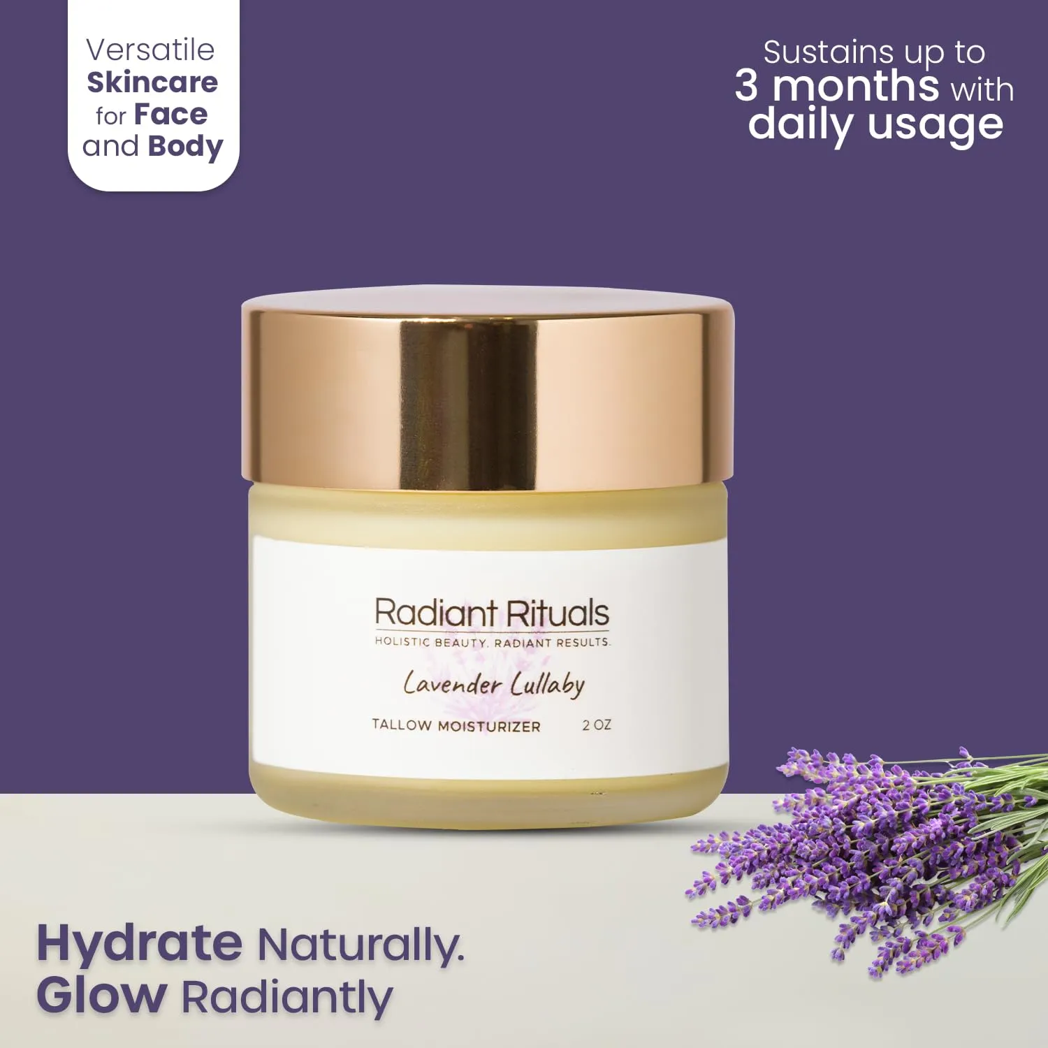 Organic Grass-Fed Beef Tallow Balm w/ Raw Honey, Beeswax, Coconut Oil, Shea Butter, Jojoba Oil - Moisturizer Cream for Face - Non Toxic Skincare for Sensitive Dry Skin, Hydration - (Lavender)