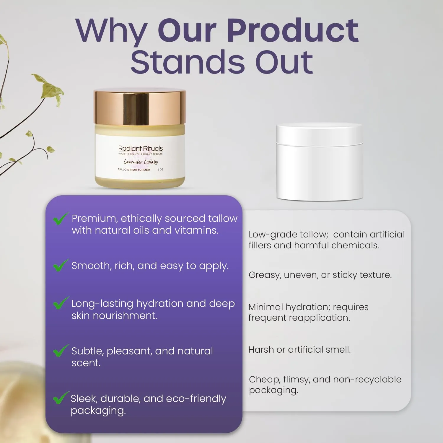 Organic Grass-Fed Beef Tallow Balm w/ Raw Honey, Beeswax, Coconut Oil, Shea Butter, Jojoba Oil - Moisturizer Cream for Face - Non Toxic Skincare for Sensitive Dry Skin, Hydration - (Lavender)