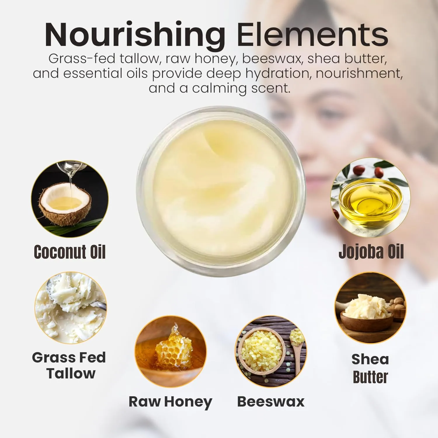 Organic Grass-Fed Beef Tallow Balm w/ Raw Honey, Beeswax, Coconut Oil, Shea Butter, Jojoba Oil - Moisturizer Cream for Face - Non Toxic Skincare for Sensitive Dry Skin, Hydration - (Lavender)