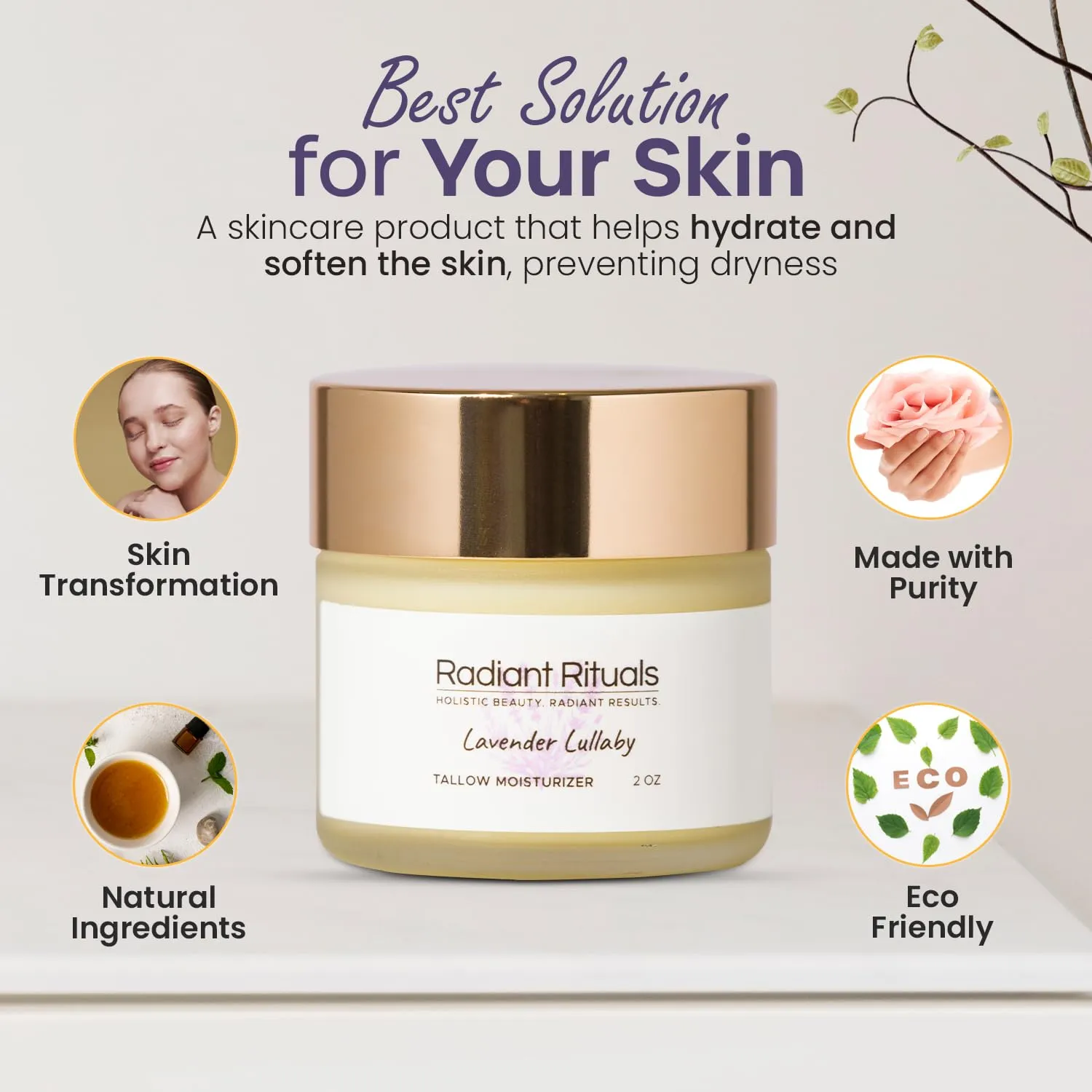 Organic Grass-Fed Beef Tallow Balm w/ Raw Honey, Beeswax, Coconut Oil, Shea Butter, Jojoba Oil - Moisturizer Cream for Face - Non Toxic Skincare for Sensitive Dry Skin, Hydration - (Lavender)