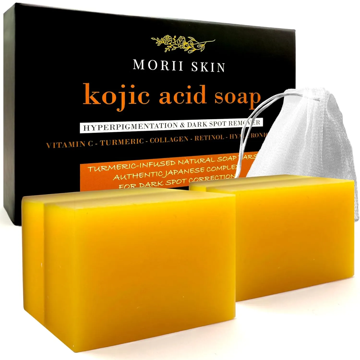 Organic Turmeric Soap Bar for Face, Kojic Acid Soap for Hyperpigmentation, Premium Japanese Formulated Kojic Soap Enriched with Vitamin C, Retinol, Collagen | 4-Bars   Mesh Net, 3.53 oz Each