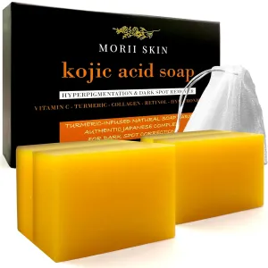 Organic Turmeric Soap Bar for Face, Kojic Acid Soap for Hyperpigmentation, Premium Japanese Formulated Kojic Soap Enriched with Vitamin C, Retinol, Collagen | 4-Bars   Mesh Net, 3.53 oz Each