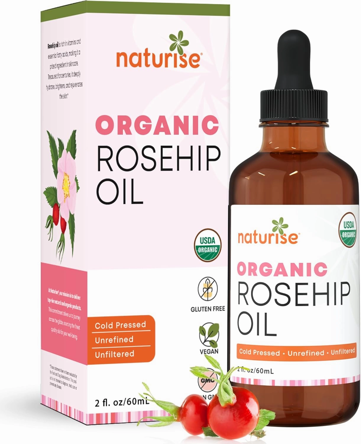 Organic Rosehip Seed Oil for Face, 100% Pure, Natural Cold Pressed Rose Hip Oil for Skin, Hair, Nails and Body Care (2 FL. OZ.)