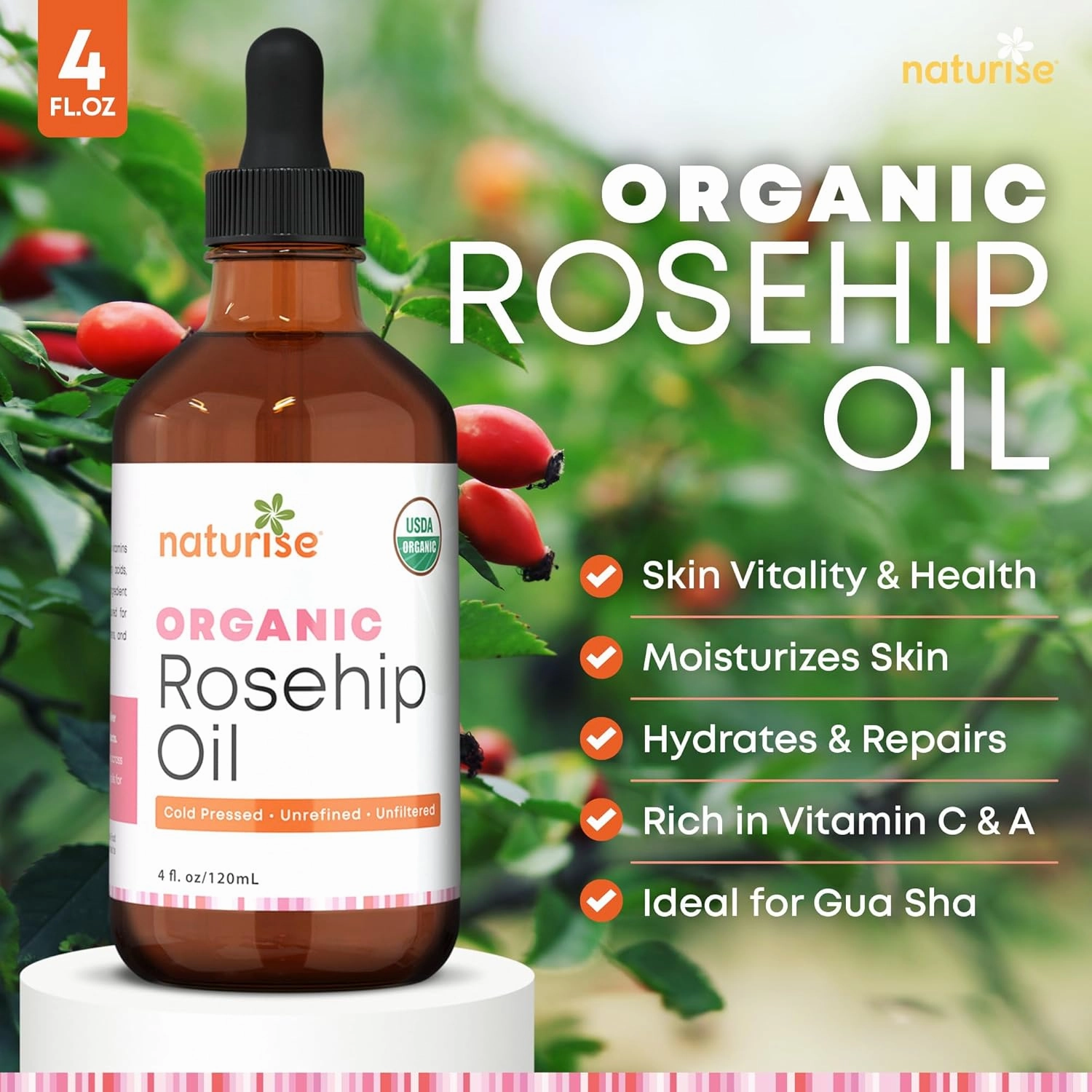 Organic Rosehip Seed Oil for Face, 100% Pure, Natural Cold Pressed Rose Hip Oil for Skin, Hair, Nails and Body Care (4 FL. OZ.)