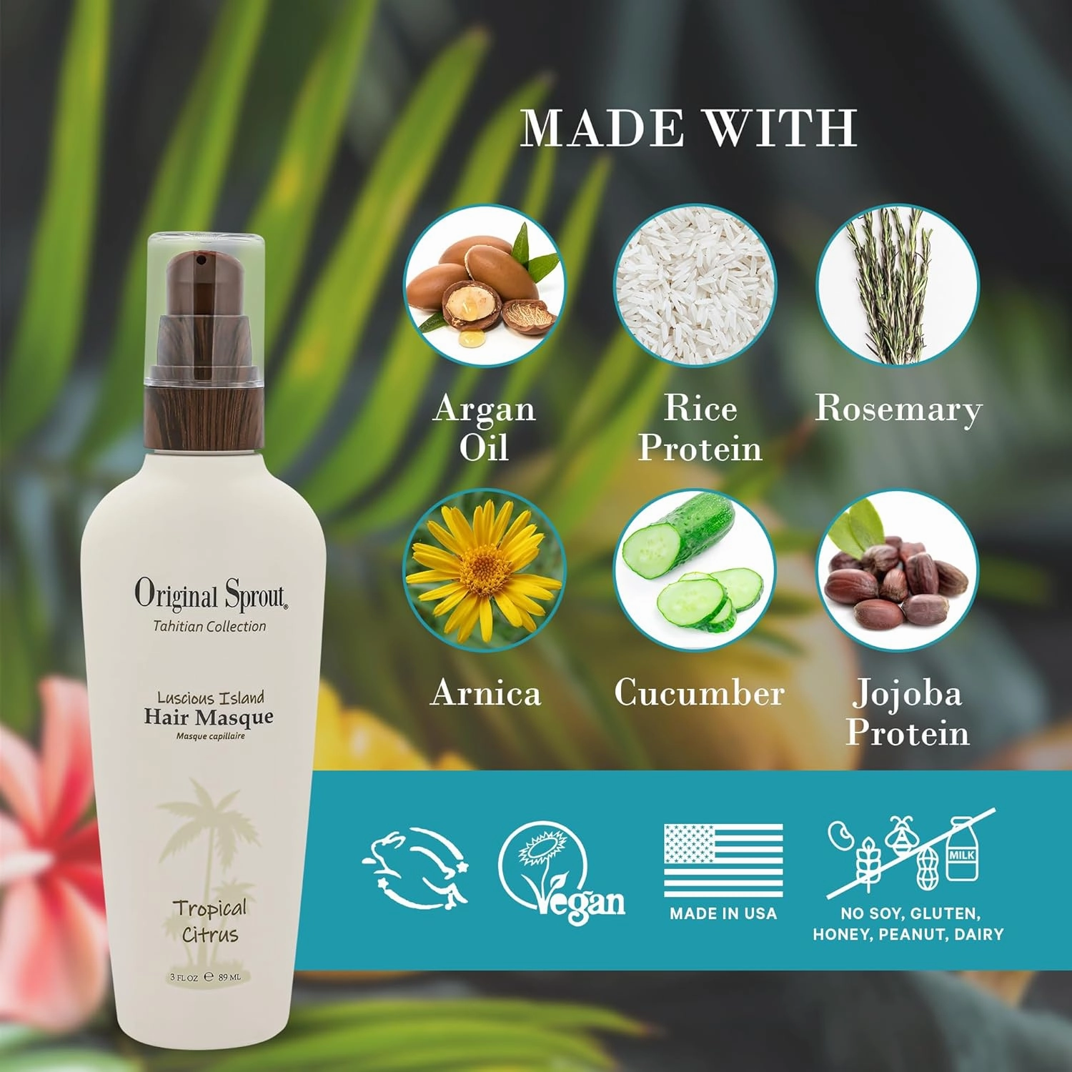 Original Sprout Luscious Island Hair Masque, Hydrating Rinse-Out Conditioning Hair Mask for Dry, Damaged Locks with Jojoba Protein & Argan Oil, Vegan & Cruelty-Free, Tropical Citrus Scent, 3 fl oz