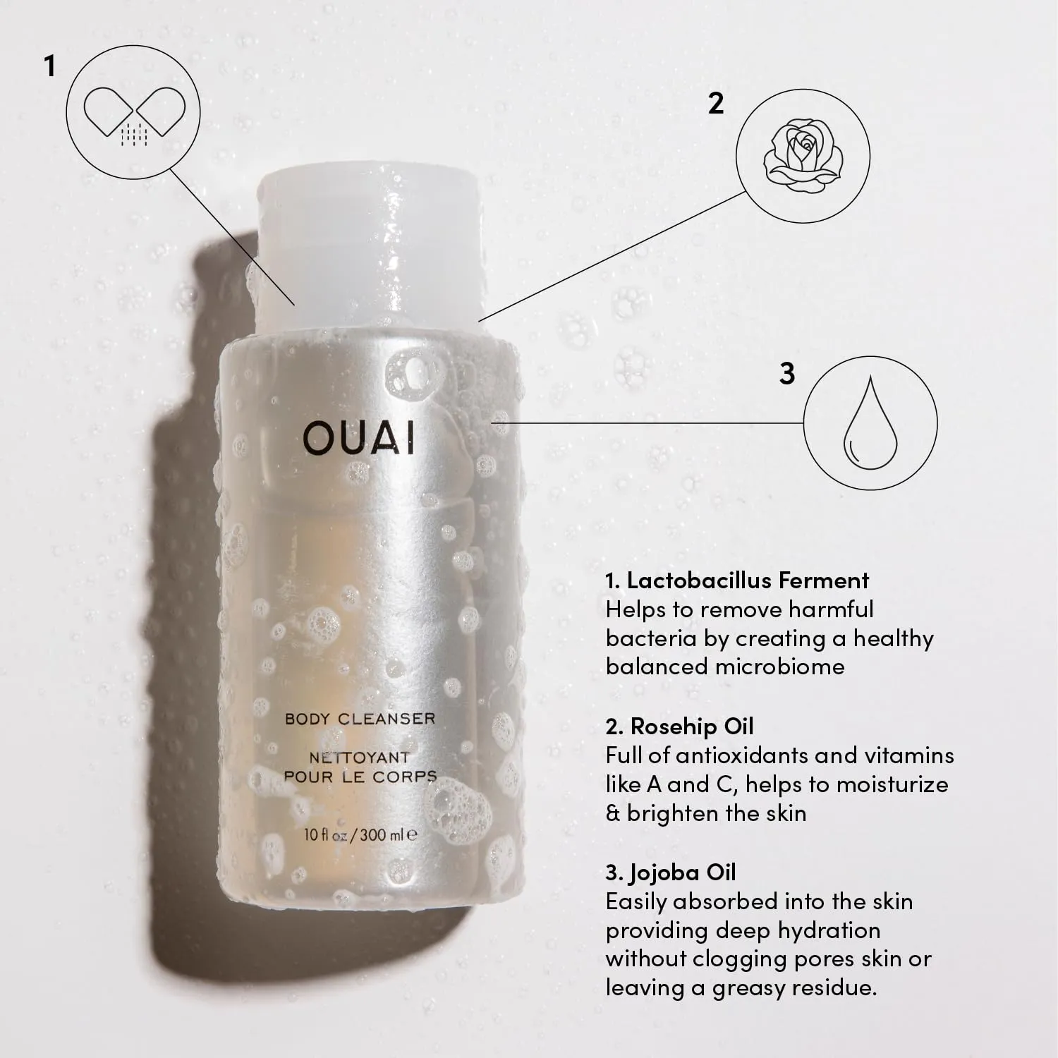 OUAI Body Cleanser, Dean Street - Foaming Body Wash with Jojoba Oil and Rosehip Oil to Hydrate, Nurture, Balance and Soften Skin - Paraben, Phthalate and Sulfate Free Skin Care Products (10 Fl Oz)