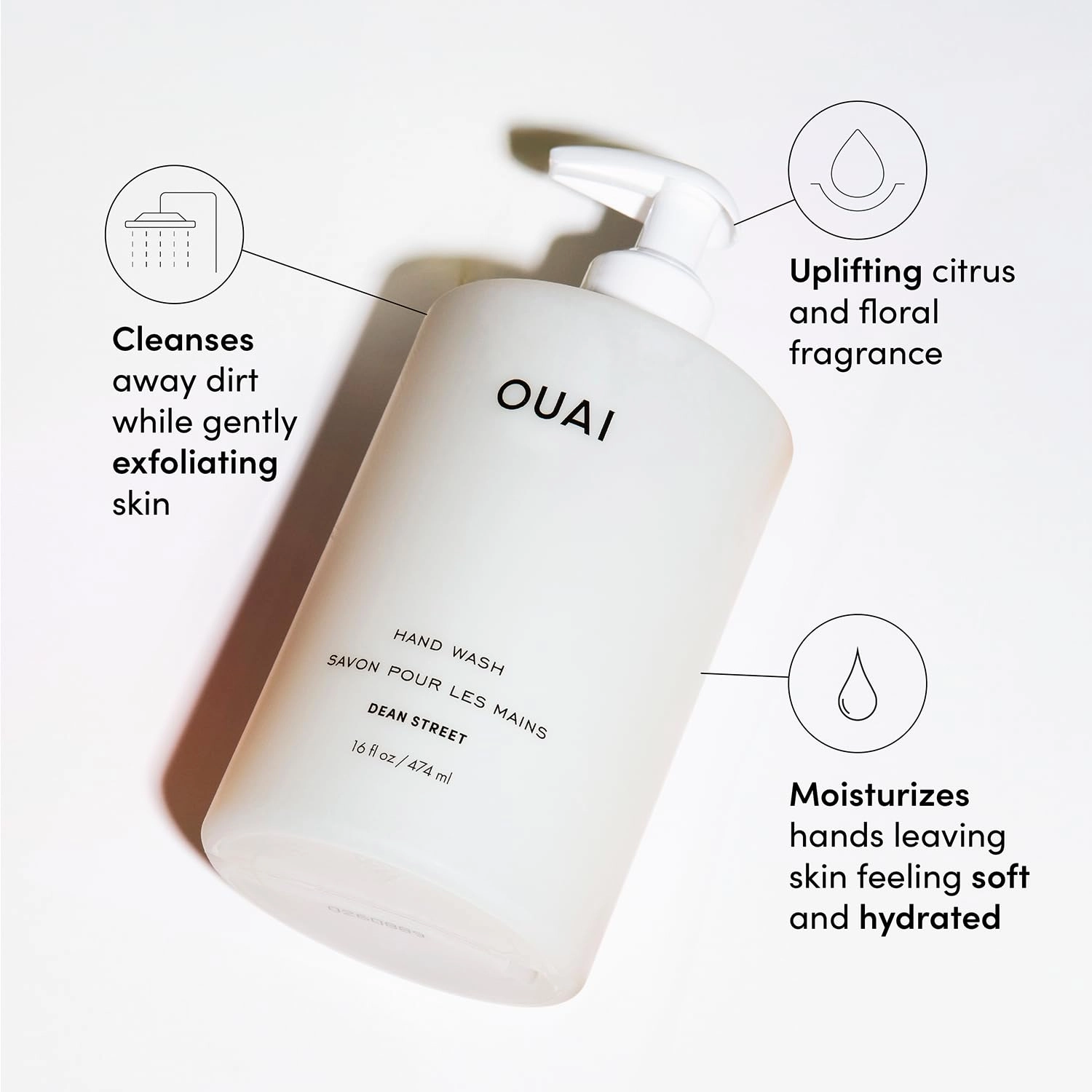 OUAI Hand Wash Refill, Dean Street - Liquid Hand Soap with Jojoba, Avocado, & Rose Hip Oil for Replenished Skin - Gentle Exfoliating Kitchen & Bathroom Soap (16 Fl Oz)