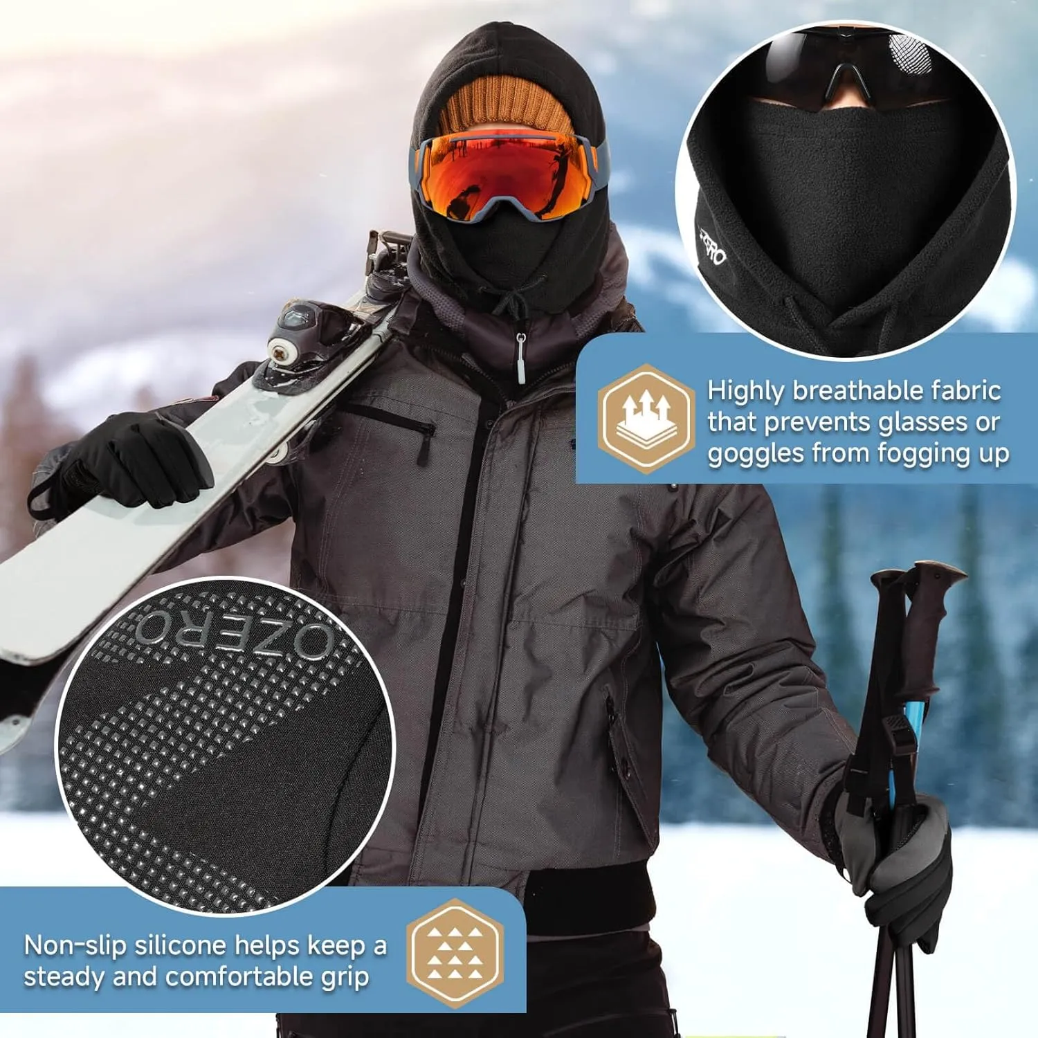 OZERO Winter Balaclava Gloves Set: Windproof Warm Face Mask for Men - Touchscreen Anti-Slip Gloves for Riding Motorcycle