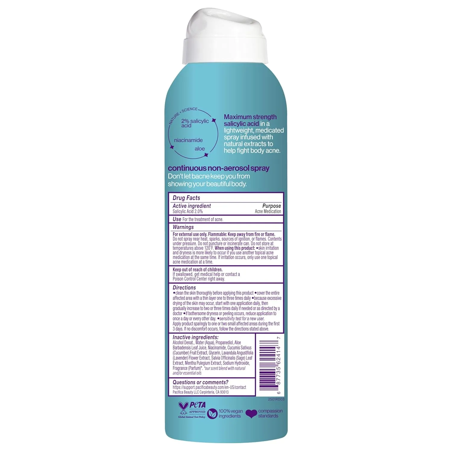 Pacifica Bacne Acne Cleanser Spray - Bacne Warrior - Body Spray for Acne Treatment - w/ 2% Salicylic Acid Niacinamide & Aloe - for Body, Chest & Back Acne for Teens & Adults Vegan Dermatologist Tested