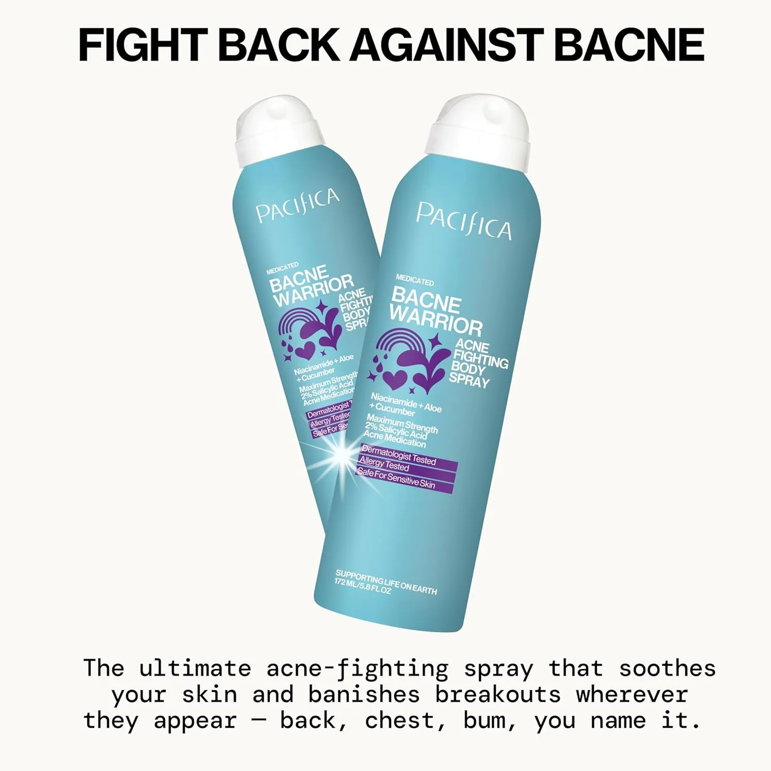 Pacifica Bacne Acne Cleanser Spray - Bacne Warrior - Body Spray for Acne Treatment - w/ 2% Salicylic Acid Niacinamide & Aloe - for Body, Chest & Back Acne for Teens & Adults Vegan Dermatologist Tested