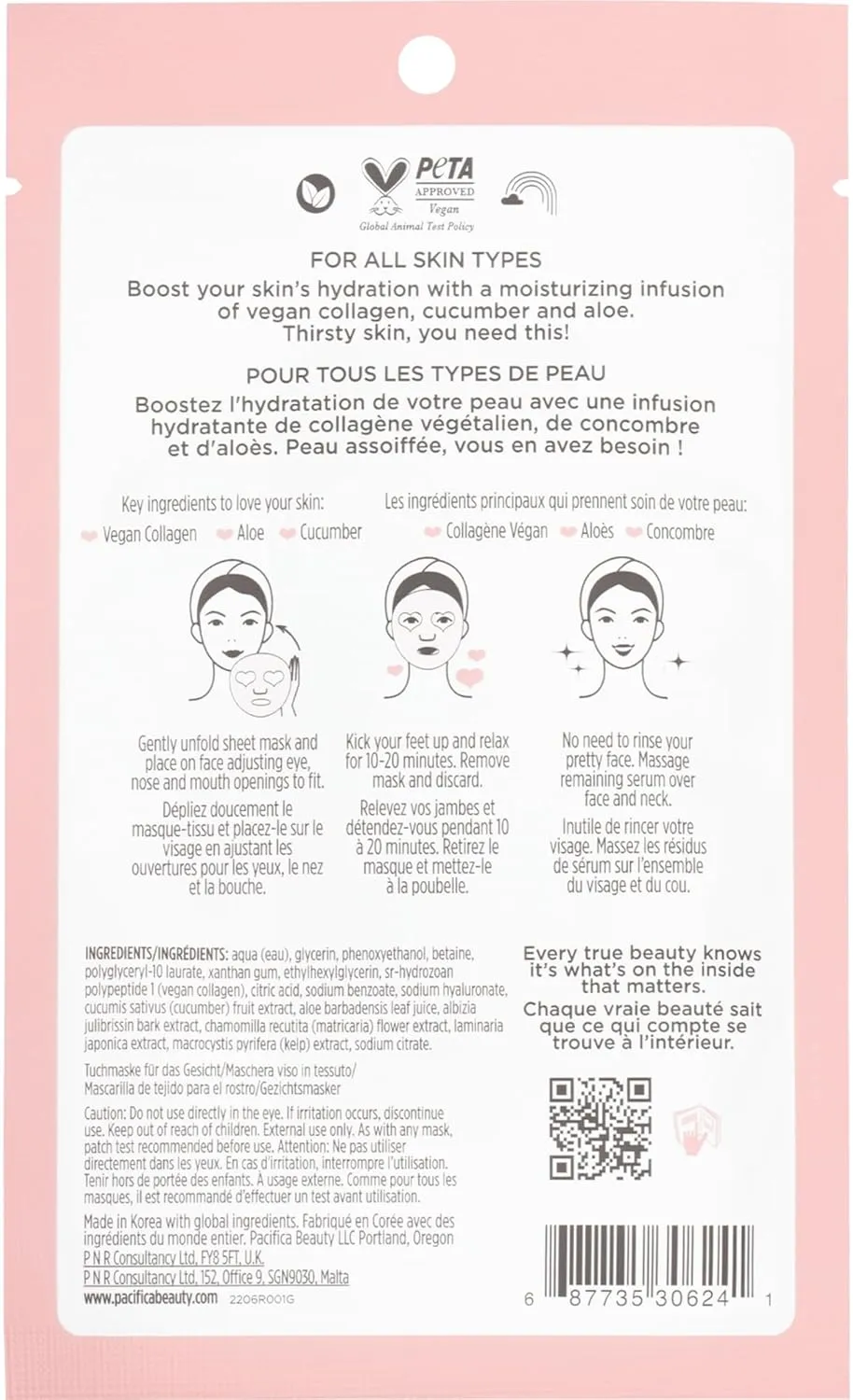 Pacifica Vegan Collagen Hydrate & Plump Face Mask 4-Pack – Hydrating & Plumping Peptide-Infused Sheet Mask for Dewy Skin, with Vegan Collagen, Cucumber & Aloe, Clean Beauty Skincare​
