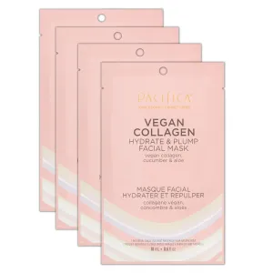 Pacifica Vegan Collagen Hydrate & Plump Face Mask 4-Pack – Hydrating & Plumping Peptide-Infused Sheet Mask for Dewy Skin, with Vegan Collagen, Cucumber & Aloe, Clean Beauty Skincare​