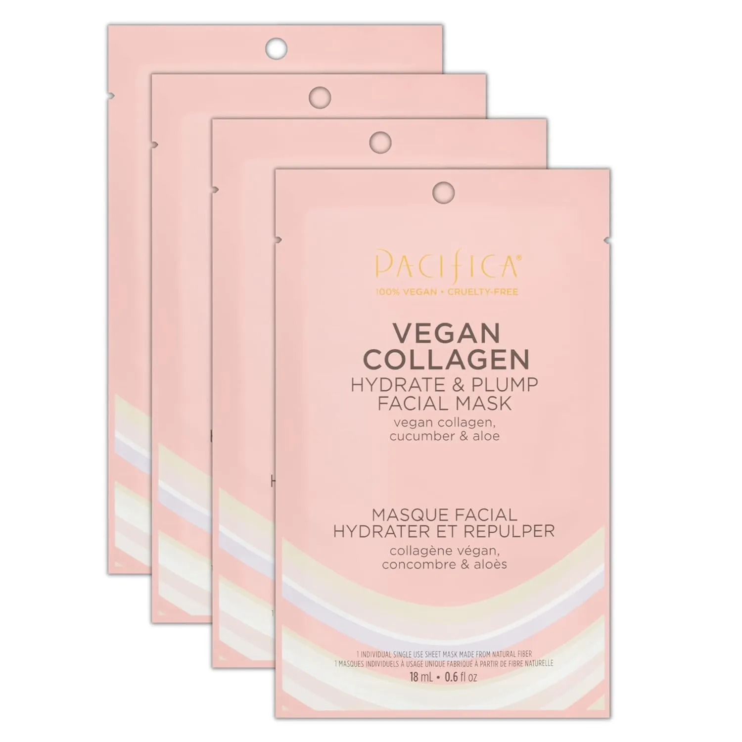 Pacifica Vegan Collagen Hydrate & Plump Face Mask 4-Pack – Hydrating & Plumping Peptide-Infused Sheet Mask for Dewy Skin, with Vegan Collagen, Cucumber & Aloe, Clean Beauty Skincare​