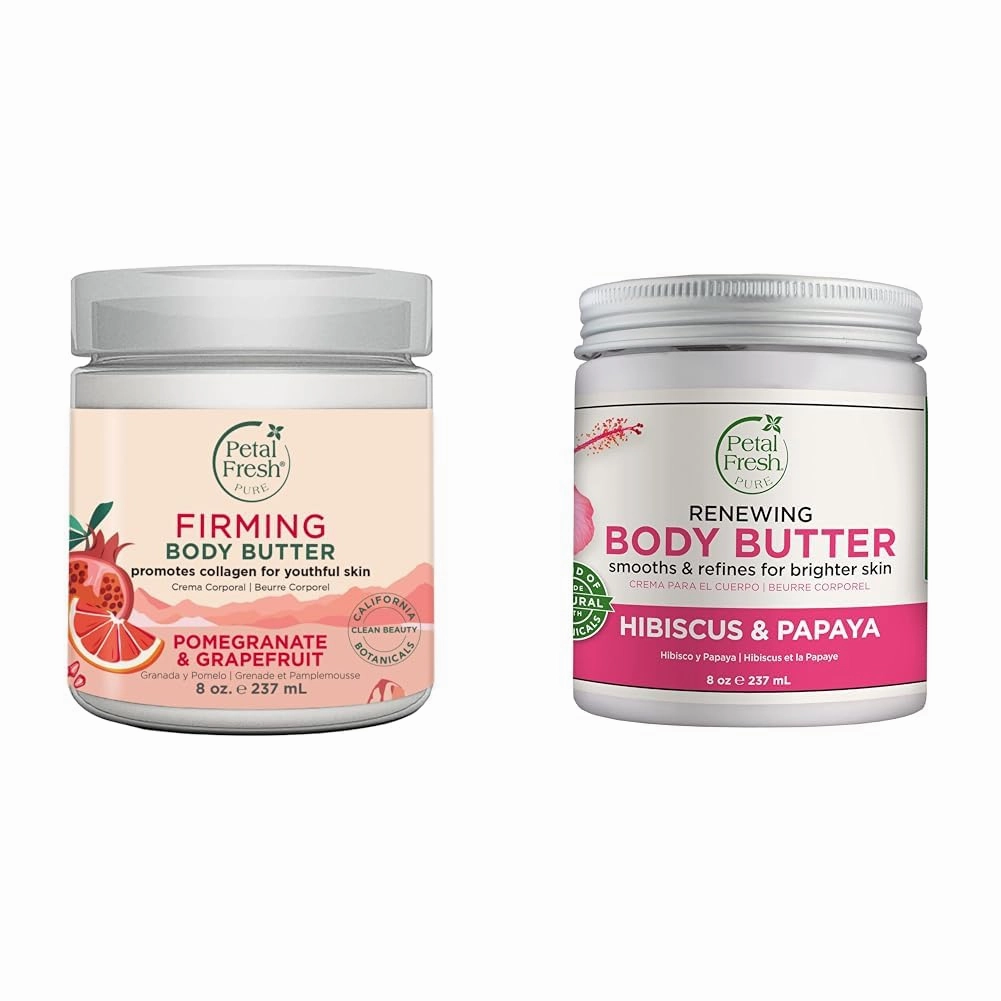Petal Fresh Pure Pomegranate & Grapefruit plus Hibiscus & Papaya Body Butters, 8oz Each, Firming and Renewing Formulas