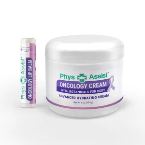PhysAssist Oncology Cream 4 oz plus Lip Balm. Hydrates and Pampers Stressed skin. Made with a blend of natural Botanicals. Clinically Tested, Non Irritant.