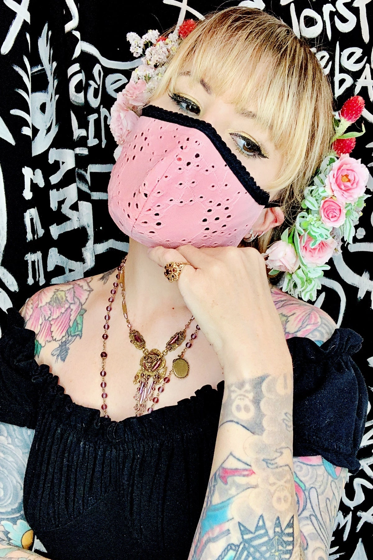 Pink Eyelet Fabric Mask