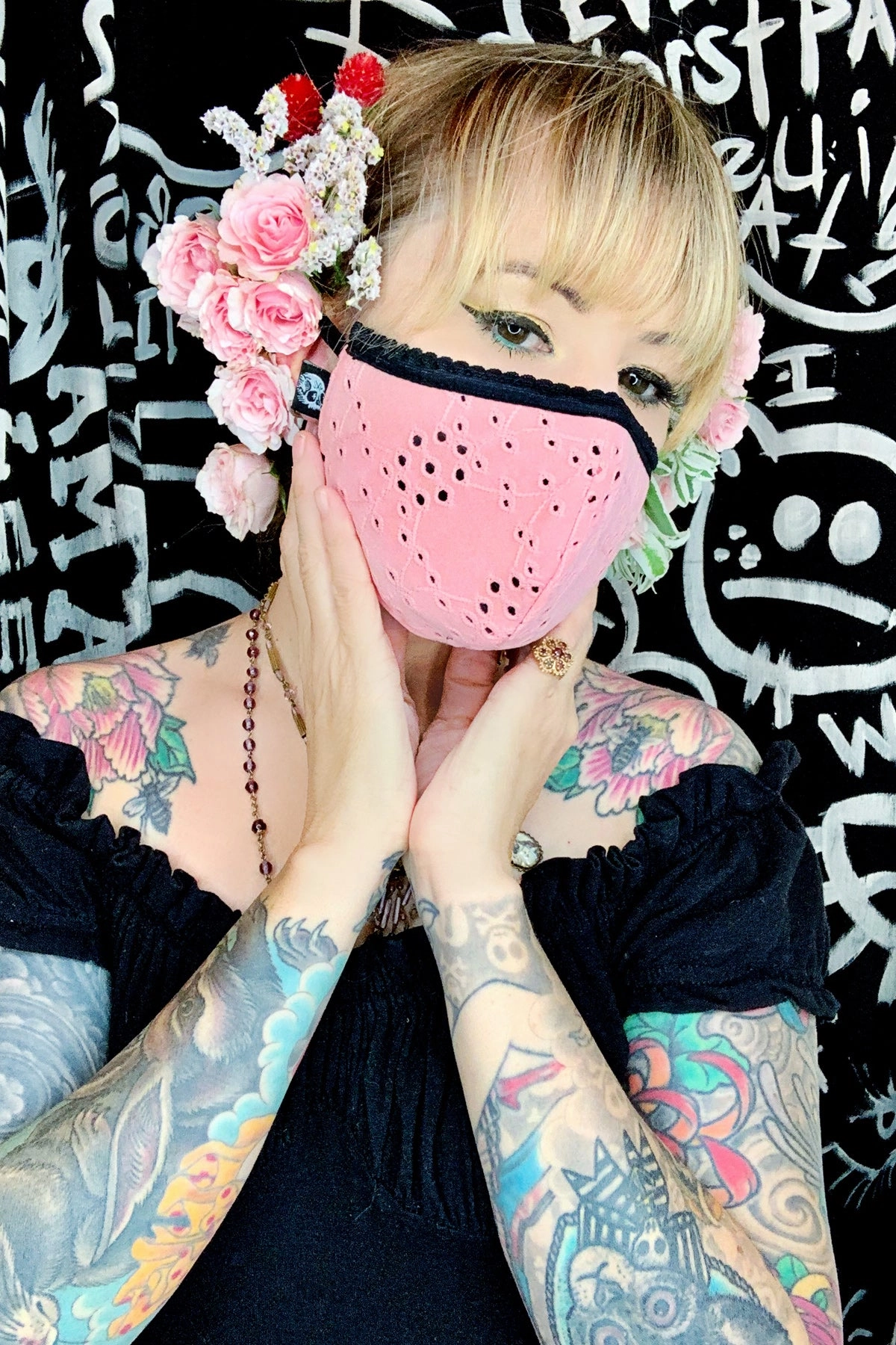 Pink Eyelet Fabric Mask