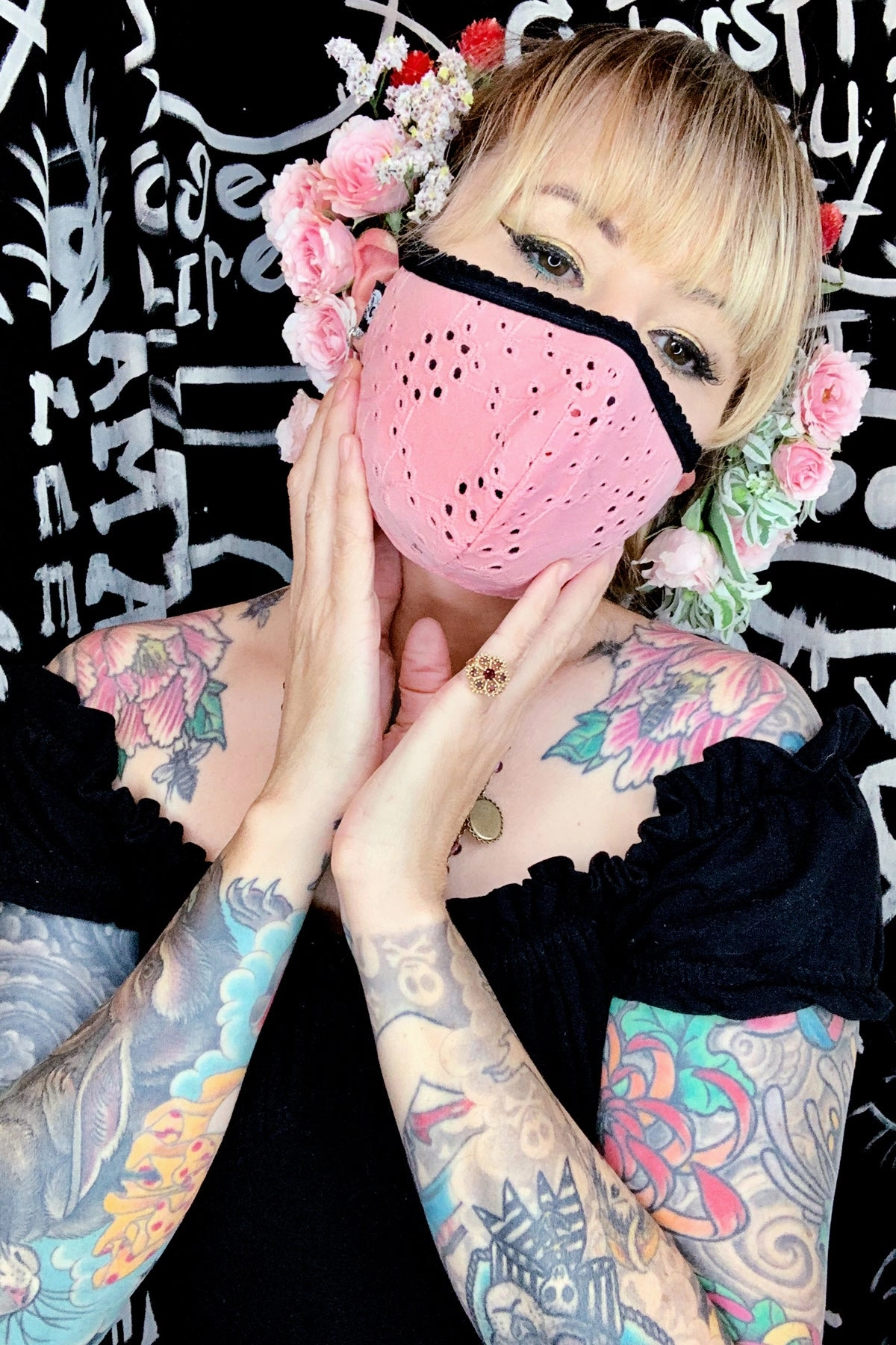 Pink Eyelet Fabric Mask
