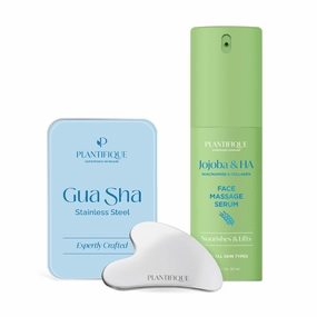 PLANTIFIQUE Stainless Steel Gua Sha Facial Tool and Korean Jojoba Oil & Hyaluronic Acid Face Massage Serum - Perfect for Gua Sha Facial Tools