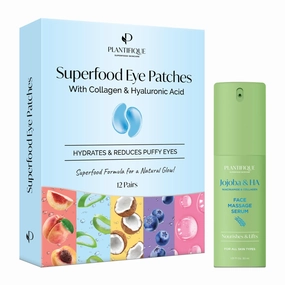 PLANTIFIQUE Superfood Under Eye Patches Dark Circle 12 Pairs and Jojoba Oil & Hyaluronic Acid Face Serum for Gua Sha Massage with Vitamin C, E Niacinamide for Glowing Skin