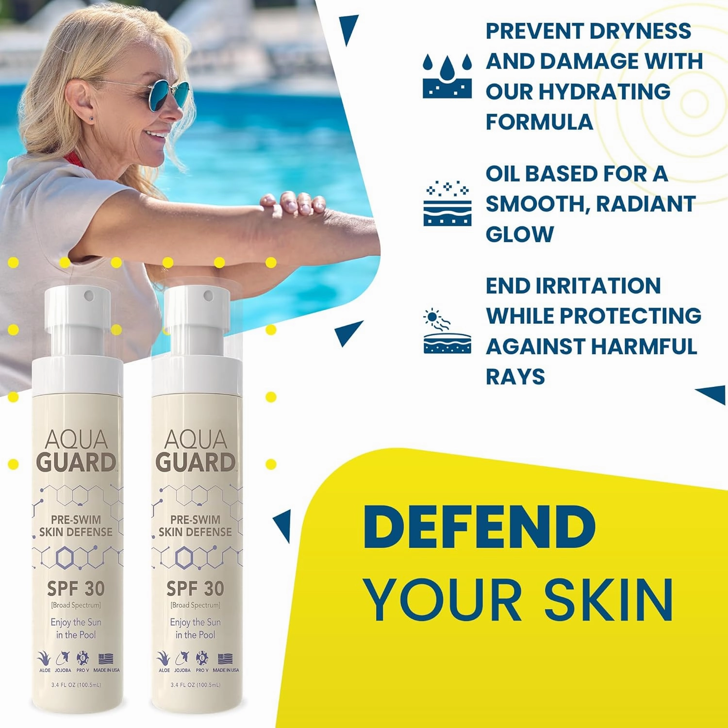 Pre-Swim Skin Defense Oil | Pump Oil Into Hand and Rub Into Skin | USA Lab tested SPF 30, Water Resistant, Active Ingredient Avobenzone | Made in California | 3.0 oz (2 Pack)