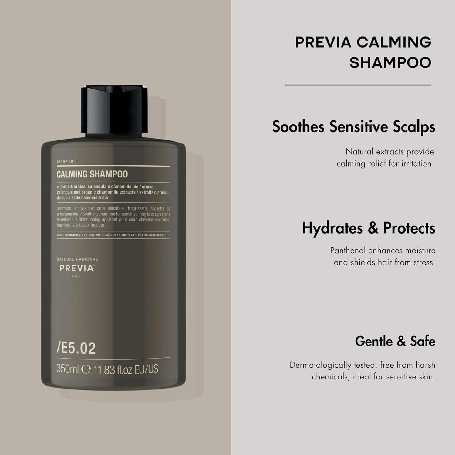 PREVIA Extralife Calming Shampoo | Soothing Formula for Sensitive Scalp | Natural Ingredients & Plant-Based Surfactants | Paraben Free | Gentle Hair Care | 11.83 oz