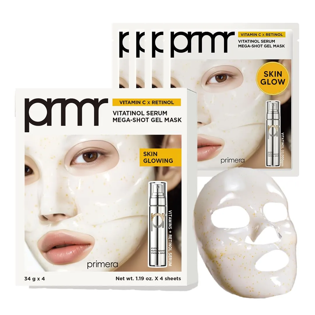 PRIMERA (PRMR 𝗩𝗶𝘁𝗮𝘁𝗶𝗻𝗼𝗹 𝗦𝗲𝗿𝘂𝗺 𝗚𝗲𝗹 𝗠𝗮𝘀𝗸 - Overnight Melting Masks, for Collagen Synthesis with Vitamin C & Retinol, Immediate Pore Tightening, Firming and Hydrating 34g x 4EA