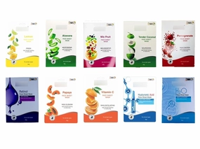 Professional Face Sheet Mask Set, 10 Variants, 25g Each - Lemon, Aloe Vera, Mix Fruit, Coconut, Pomegranate, Retinol, Papaya, Vitamin C, Hyaluronic Acid, H2O