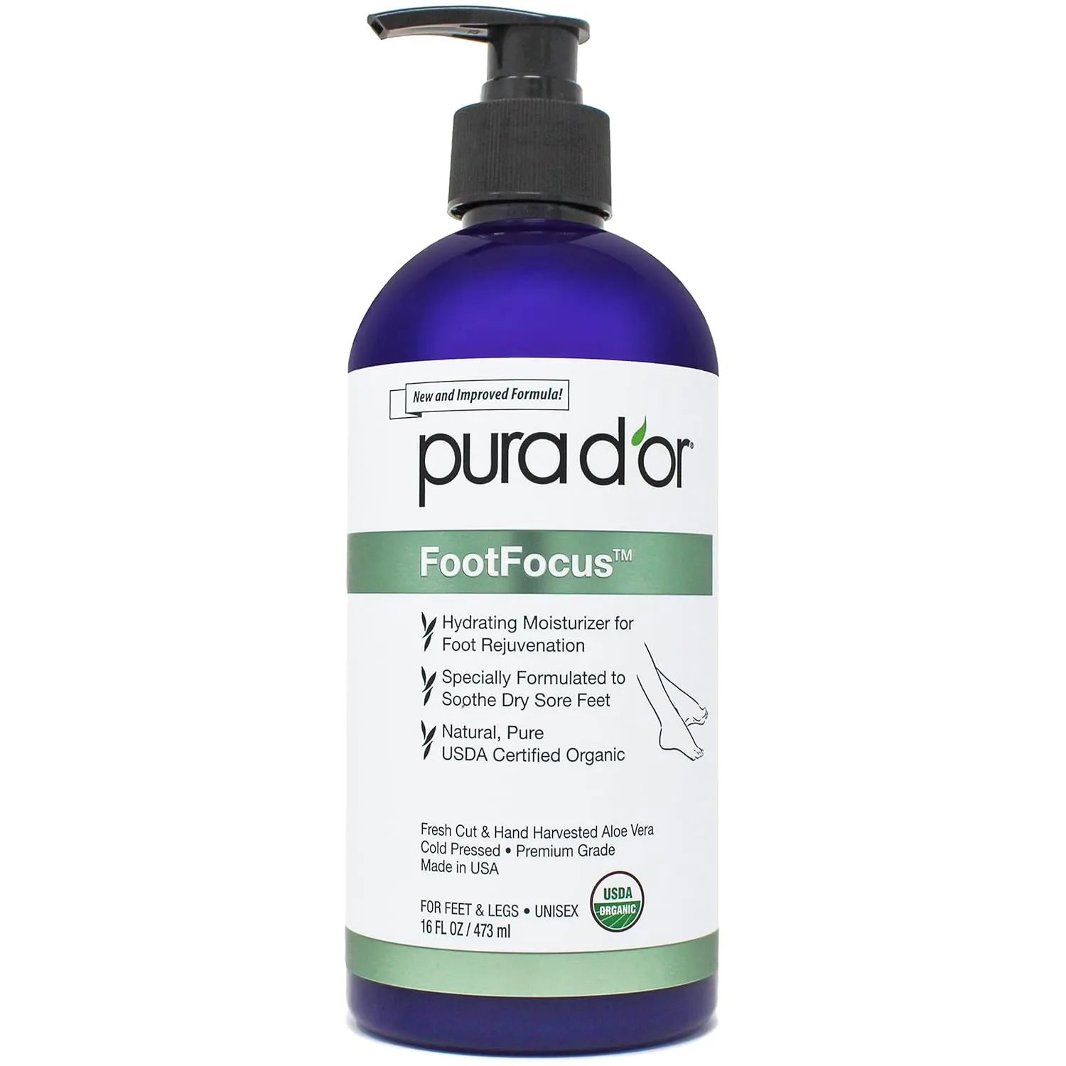 PURA D'OR 16 Oz FootFocus Organic Aloe Vera Gel For Severe Cracked Heel Repair Foot Care Products - Soothes Sore Feet Extra Strength Feet Care - Vitamin E, Peppermint, Tea Tree & Eucalyptus Oil