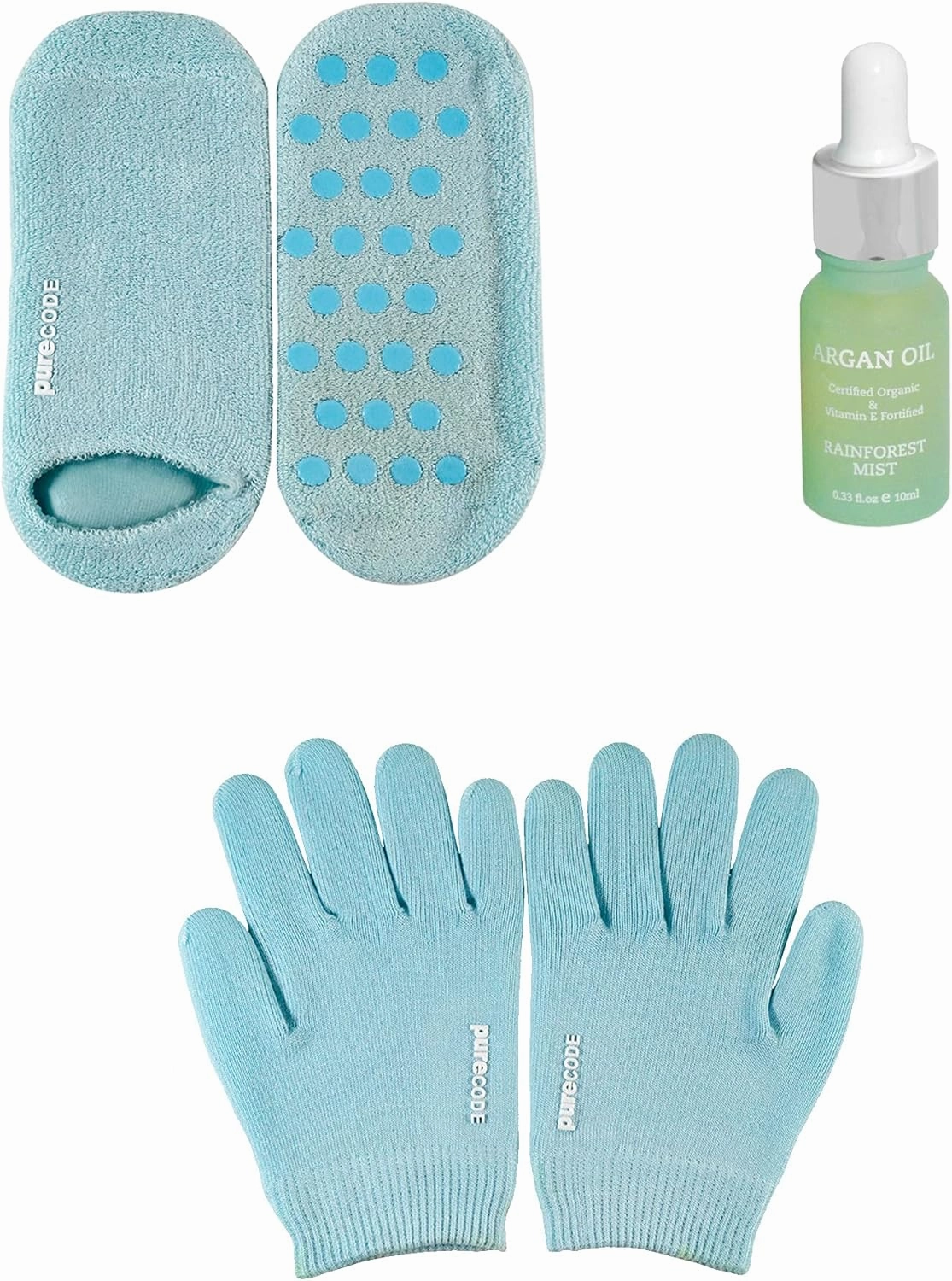 PURECODE Gift Set, Moisturizing Gel Gloves   Moisturizing Gel Socks   100% Pure Organic Argan Oil - Made in USA for Dry Hands and feet