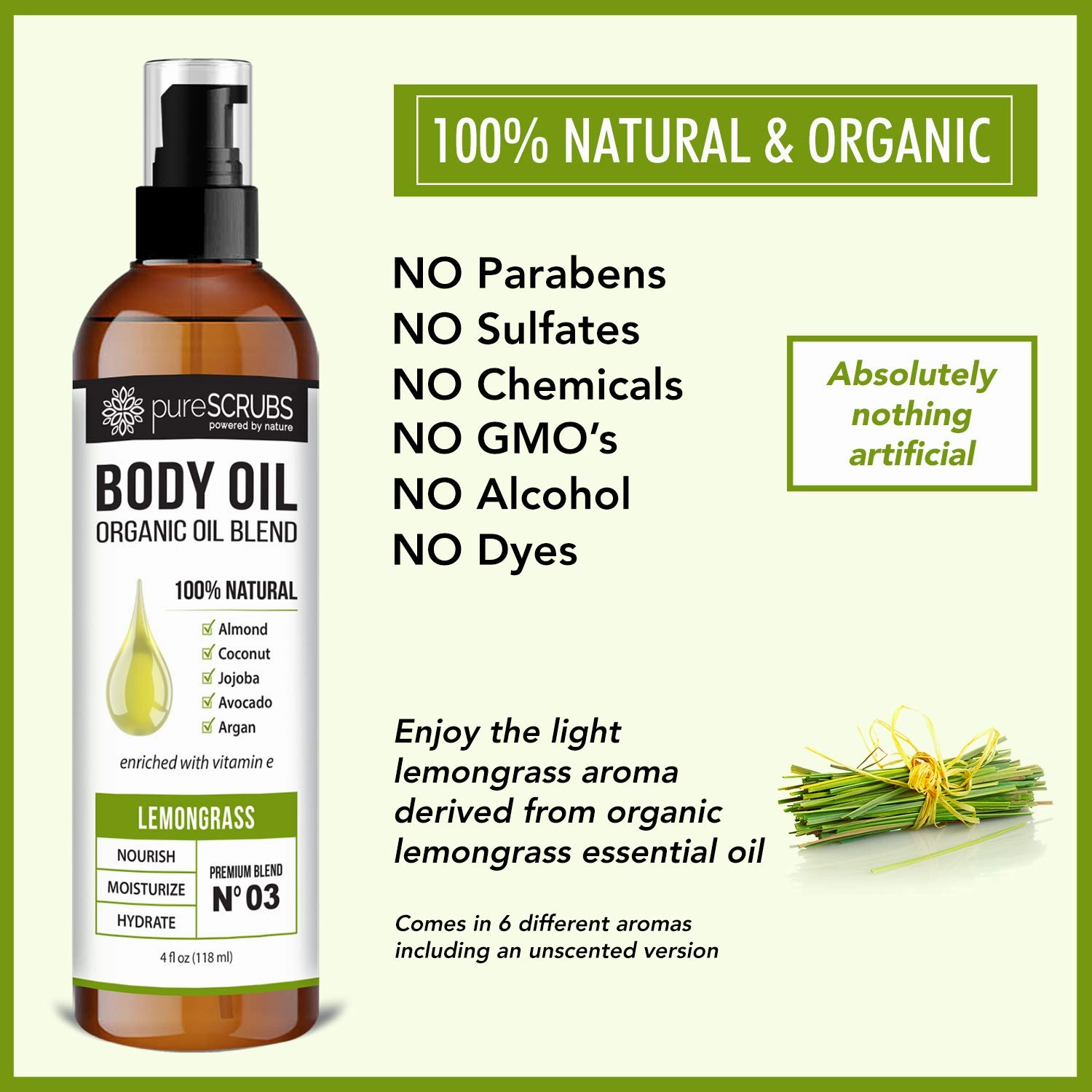pureSCRUBS Ultra Moisturizing Lemongrass Body Oil Spray for Dry Skin, Massage, & More, Organic Super Blend of Jojoba, Argan, Coconut, Sweet Almond & Avocado Oils Enriched with Vitamin E, Lg 4oz
