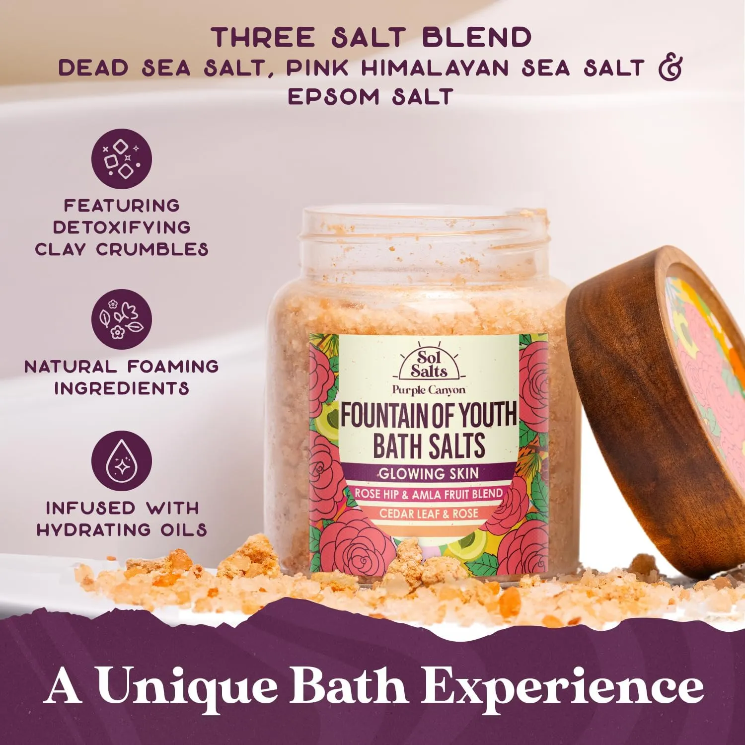 PURPLE CANYON SolSalts Fountain of Youth Bath Salts | Lavender, Rose, & Cedar Leaf Scented Detox Soak with Epsom Salt, Amla & Rosehip for Glowing Skin