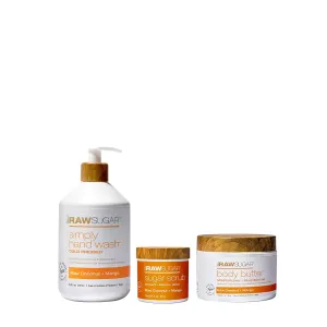 RAW SUGAR Raw Coconut   Mango Hand Soap, Body Scrub & Body Butter Bundle, Body Care for Dry Skin, Exfoliate and Moisturize, Hand Wash   Body Care - Mango, Formulated without Sulates and Parabens