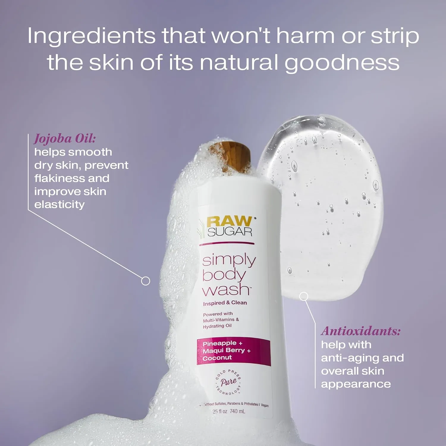 RAW SUGAR Simply Body Wash - Pineapple   Maqui Berry   Coconut, Moisturizing & Brightening Bath & Shower Gel, Sulfate-Free, Paraben-Free & Vegan (Pack of 3)
